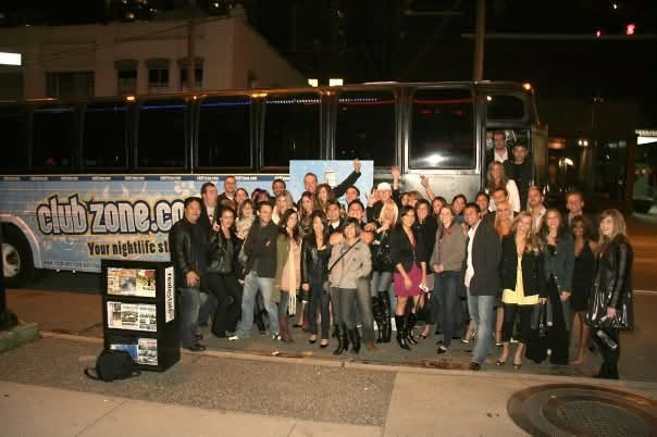 The whole crew, party bus ready